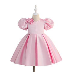 Girls Pink Puff Sleeve Knee Length Dress Kids Dresses for Girls Summer Children Girls Birthday Party Dress 8-12 Years ASQ03