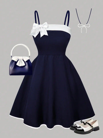 Girls' dress summer outfit; children's summer bow dress; girls' medium and large dress for parties, outdoors, trave