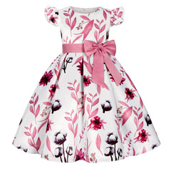 Foreign Trade Hot New Small Flying Sleeve Girl Dress Bow Print Princess Birthday Party Clothing