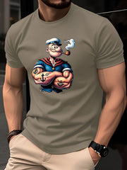 Summer Men's 100% Cotton Casual Fashion Classic Cartoon Pattern Printed Loose Sports Round Neck Short Sleeve T-shirt
