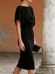 Women's Short Sleeve Midi Dress Cowl Neck Draped Cape Top Bodycon Skirt Elegant Party Evening