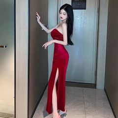 2023 Summer Women's Sexy Temperament ceremonial dress Wrapped Chest backless High Split Velvet Wrapped Hip Red Long