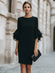 Ruffle Sleeve Bodycon Midi Dress Women Elegant Knee Length Sheath Party Cocktail Dress Long Sleeve Office Lady Dresses