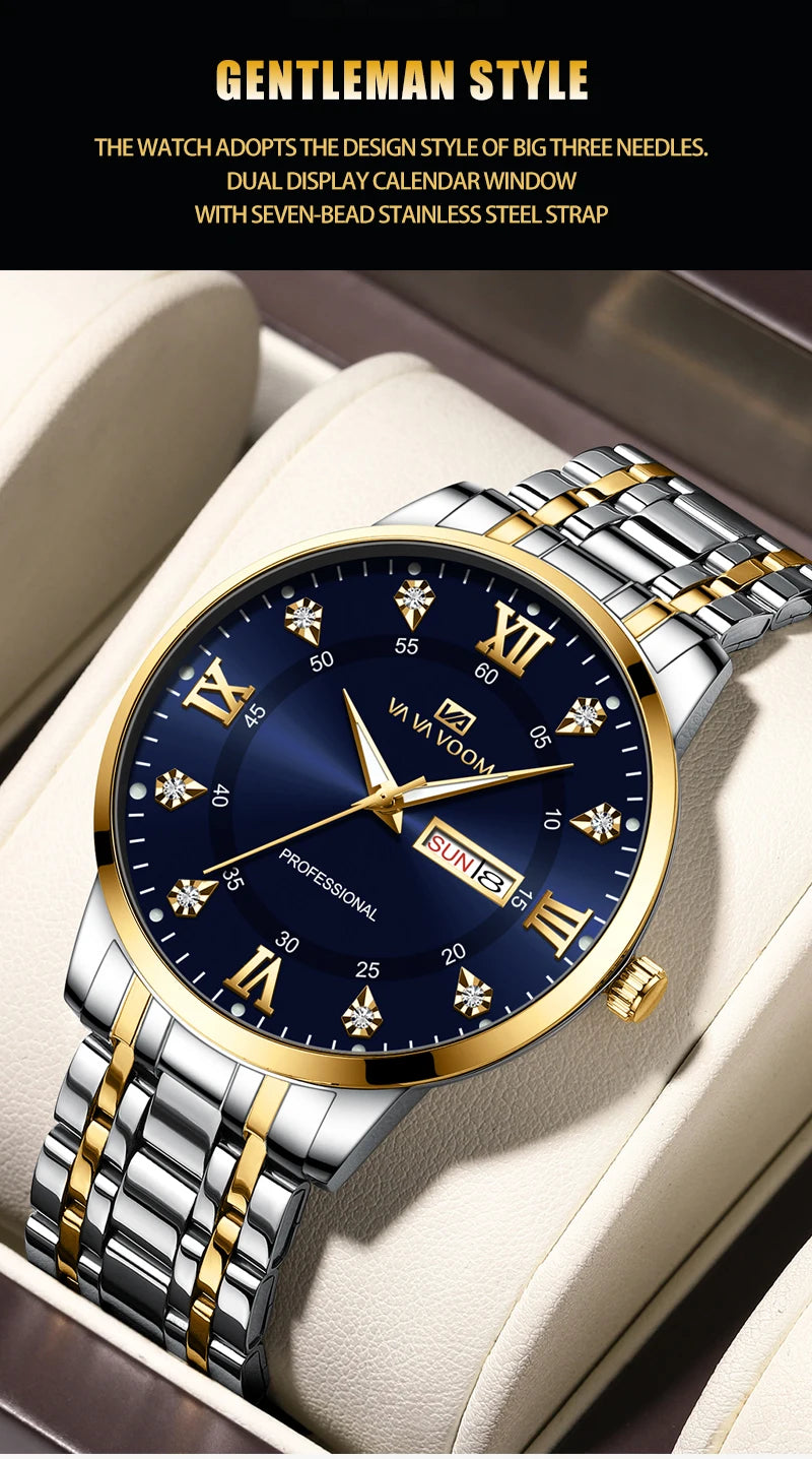 Top Brand Men Watch Stainless Steel Top Quailty Luxury Push Button Hidden Clasp Waterproof Luminous Date Week Sport Wrist Watch