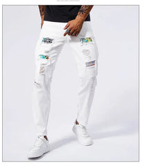 White 97% Cotton Jeans Men Clothing New Ripped Slim Patchwork Fashion Hole Skinny Elasticity Denim Trousers Male Streetwear