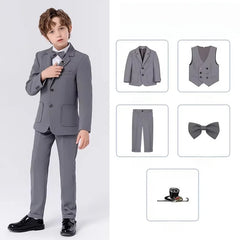 90-170 Teenager Kids Spring Beige 4Pieces/s Jacket Vest Pants Bowtie Wedding Dress Boys Photography Suit Children Host Costume