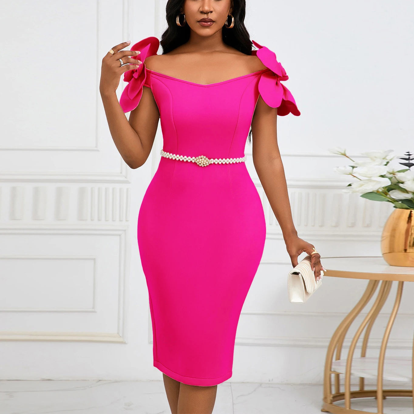 Sexy Bodycon Dresses for Women Slash Neck Petal Sleeve Belt Waisted Sheath Package Hips Mid Calf Professional Work Dress Midi OL