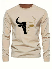 Men's 100% pure cotton loose fit plus size comfortable casual sports bull pattern printed round neck long sleeved T-shirt top