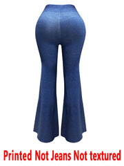 [Printed Pants - Not Faux Denim Fabric]2D Printed Faux Effect, Printed Flared Trousers - ,