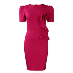 Casual Basic Women's Ruffled 3D Flower Short Sleeve Bodycon Mid Pencil Dress Elegant
