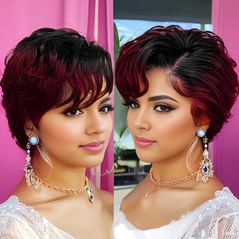 13x4 Lace Front Wig Human Hair Transparent Frontal Wig Pixie Cut Wigs Natural Wave Short Layered with Bangs Wig for Women