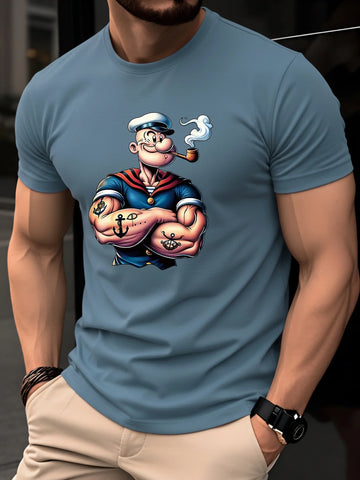 Summer Men's 100% Cotton Casual Fashion Classic Cartoon Pattern Printed Loose Sports Round Neck Short Sleeve T-shirt