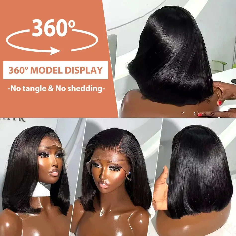 100% Vietnamese Super Double Drawn Bone Straight 13x4 Frontal Bob Wig with Human Hair Natural Black 210% Density For Black Women