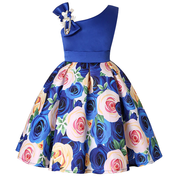 New diagonal shoulder children's dress rose print dress dress Girl party dress festival performance dress ins