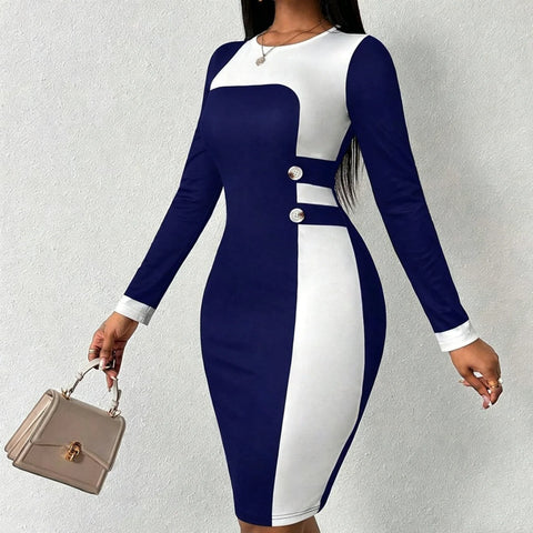 Women's Blue White Color Block Bodycon Dress - Long Sleeve Round Neck Midi Dress with Button Detail, for Office, Work & Formal
