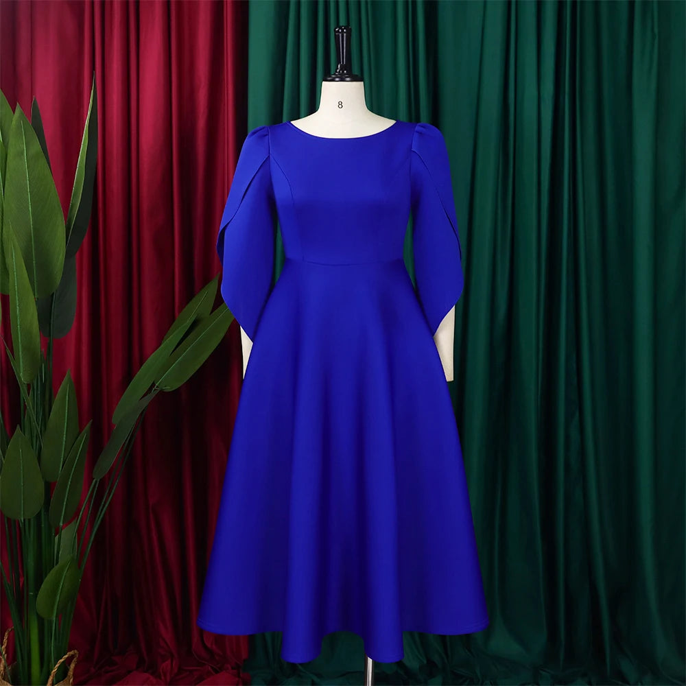 Elegant Party Dresses Woman 2024 New O Neck Half Sleeve High Waisted A Line Pleated Mid Calf Luxury Birthday Dinner Vestidos Hot