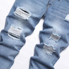 Pencil Pants Men Hole Jeans Mid Waist Skinny Pockets Vintage Ripped