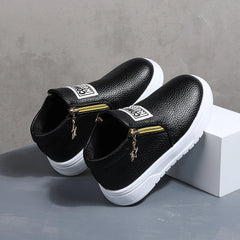 COMFY KIDS Kids' Black Lychee Pattern Faux Leather High-Top Sneakers, Side Zipper with Star Charm, Soft Elastic Rubber Sole Ligh