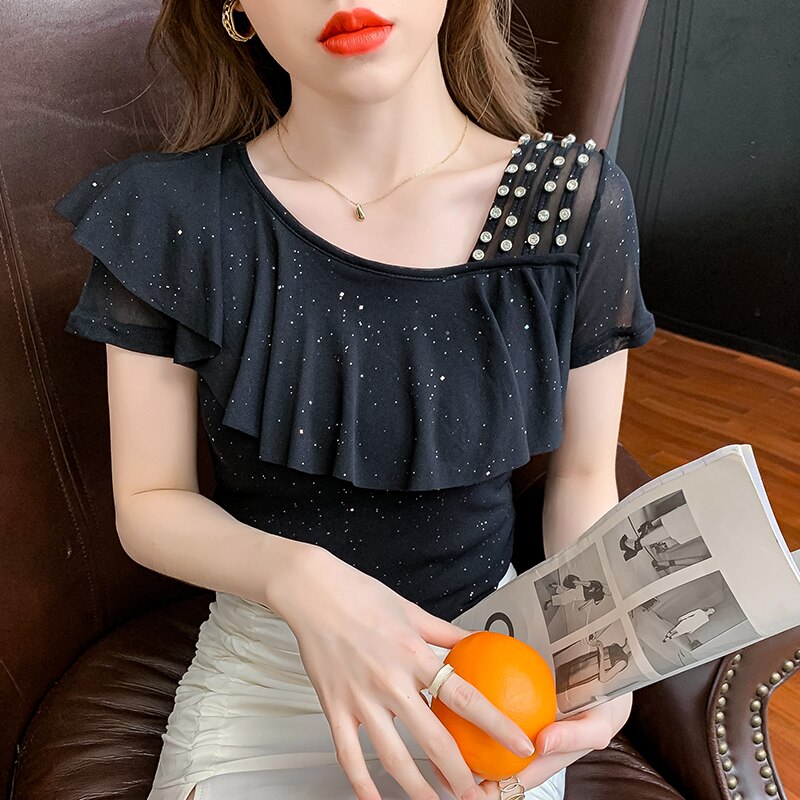 Summer 2022 Mesh T-Shirt Women Handmade Diamonds Ruffles Women Tops Tees Slim Sexy Oblique Collar Short Sleeve New T26201
