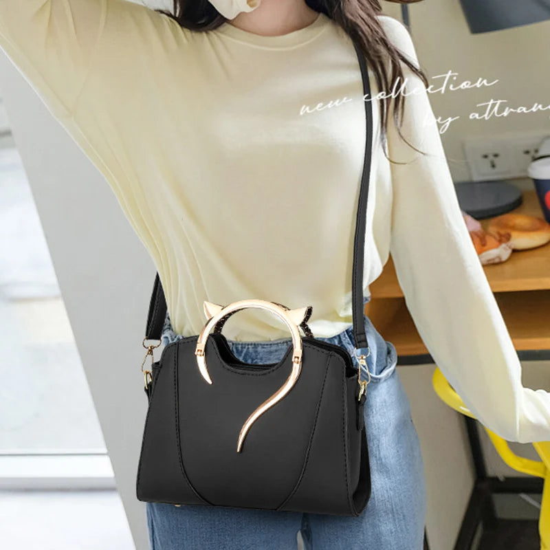 Cat Shaped Handle Women Handbag Trendy And Fashionable, Solid Color, Simple And Casual Crossbody Shoulder Shell Bag