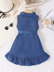 Girl's Casual Dress, Street Fashion, Sleeveless Dress With Ruffle Hem And Buckle Belt