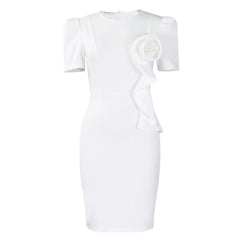 Casual Basic Women's Ruffled 3D Flower Short Sleeve Bodycon Mid Pencil Dress Elegant
