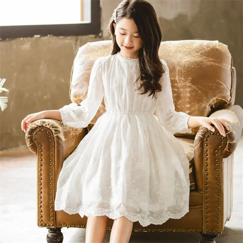 Kids Dresses Teenage White Wedding Party Lace Girl Dress Long Sleeve 4 6 7 8 11 Years