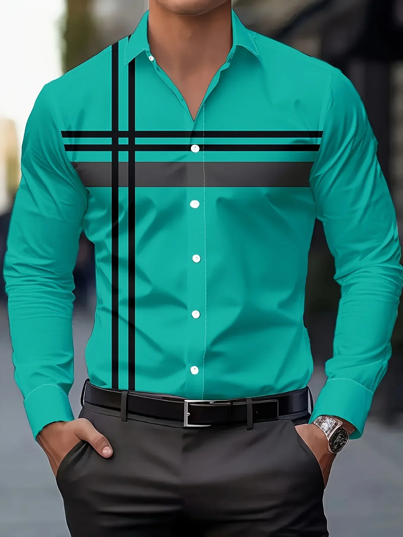 Men's Casual Dress Shirt with Modern Striped Design Regular Fit Long Sleeve
