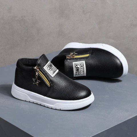 COMFY KIDS Kids' Black Lychee Pattern Faux Leather High-Top Sneakers, Side Zipper with Star Charm, Soft Elastic Rubber Sole Ligh