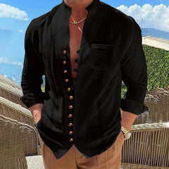 2025 Men's New Cotton and Linen Pocket Retro Stand-Up Collar Long-Sleeved Shirt Casual Multi-Button