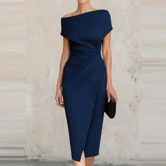 2026 Elegant One Shoulder Commute Midi Dress Summer Women Casual Hight Waist Solid Party Dress Fashion Draped Slim Skinny Dress