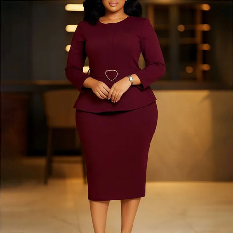 Women O-neck Long Sleeve Midi Dress Elegant Fashion Solid Office High Waist dress