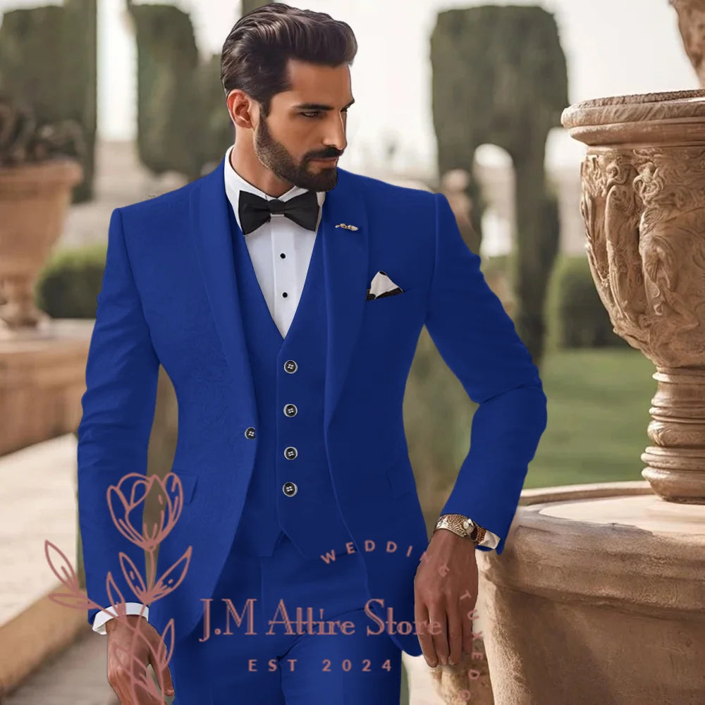 Men's White Jacquard Suit 3pcs Jacket Vest Pants Elegant Formal Fashion Set for Groom Wedding Prom Party Stylish Custom Tuxedo