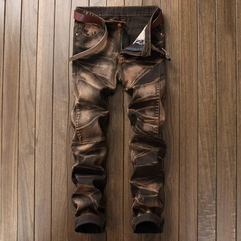 Jeans Men Vintage Distressed Pencil Pants Mid Waist Zipper Pockets Slim Ankle Length Trousers