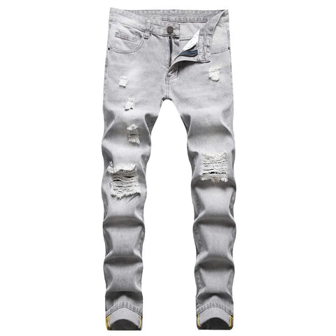Mens Jeans Large-size Straight Light Gray Denim Trousers Spring  Ripped Jeans
