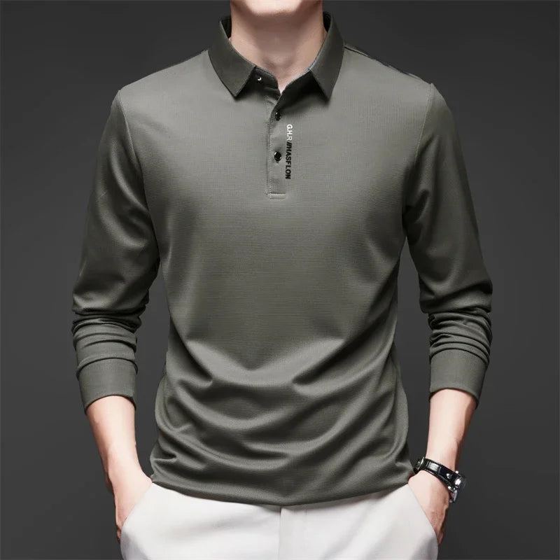 New Men's Business Casual Long Sleeved Shirt with Badge Solid Color Polo Shirt
