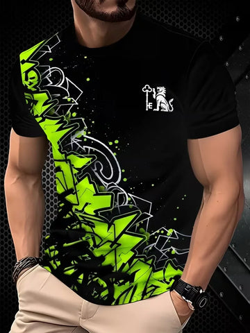 Fashion men's minimalist striped printed T-shirt summer leisure outdoor sports fitness round neck short sleeved men's shirt top