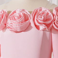 New Girls Pink Knee Length Shoulderless Dress Older Children Shoulder 3D Flower Dress Party Catwalk Evening Dress 8-12Y ASQ03