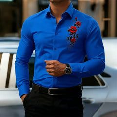Men's Long-Sleeved Shirt, Featuring a Vintage Red Rose Print Design. A Stylish