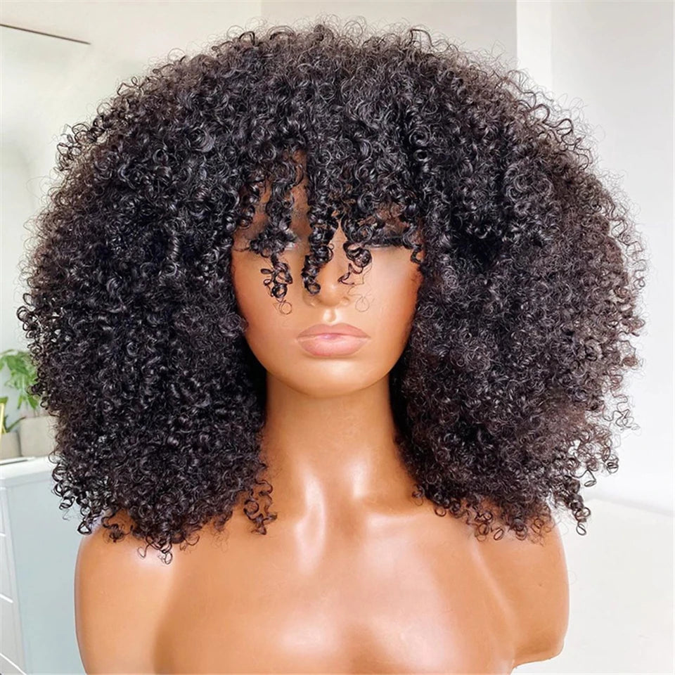 Mongolian Afro Kinky Curly wig with bangs wear to go Glueless wig Remy Brazilian Short Curly Bangs Wig Human Hair