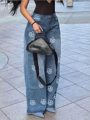 Women's Jeans 2025 Spring Autumn New Fashion Floral Print High Waist Pocket Jeans  Leg
