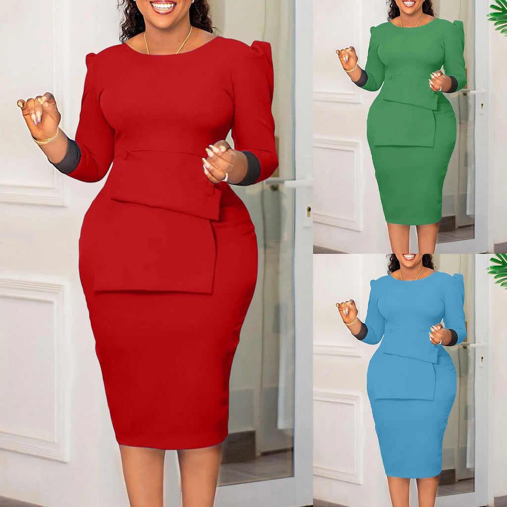 Women'S Elegant Bodycon Suit Dress Oversized Crew Neck Gigot Sleeve Tucked Waist Wrap Hips Dress Autumn Female Work Dresses