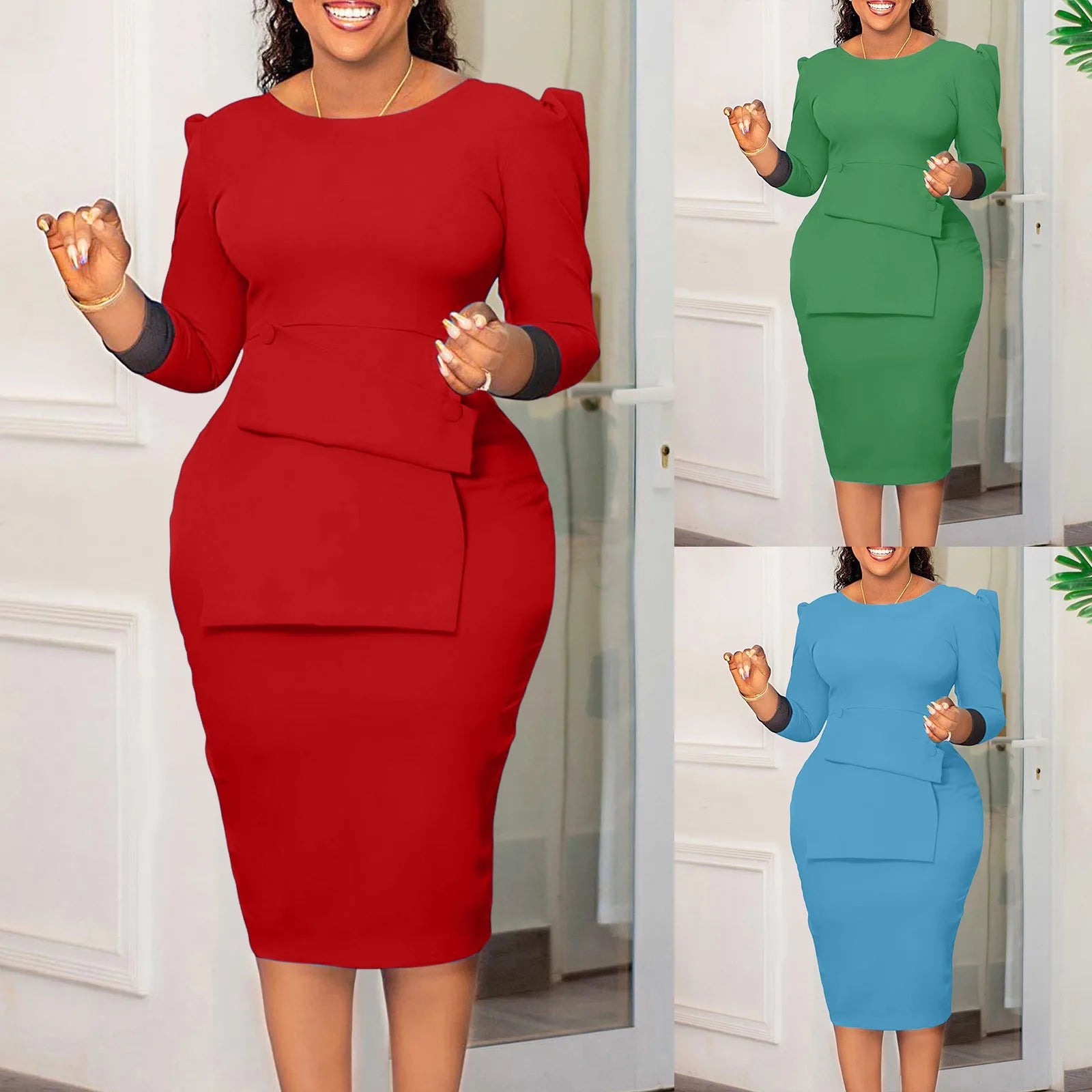 Women'S Elegant Bodycon Suit Dress Oversized Crew Neck Gigot Sleeve Tucked Waist Wrap Hips Dress Autumn Female Work Dresses