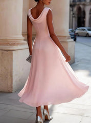 Elegant Sleeveless Cowl Neck Midi Dress with Pleated Waist and Flowing A Line Skirt for Formal Occasions