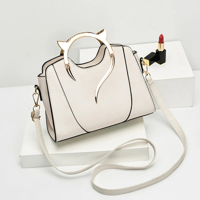 Cat Shaped Handle Women Handbag Trendy And Fashionable, Solid Color, Simple And Casual Crossbody Shoulder Shell Bag