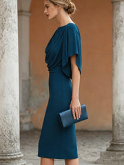 Women's Short Sleeve Midi Dress Cowl Neck Draped Cape Top Bodycon Skirt Elegant Party Evening