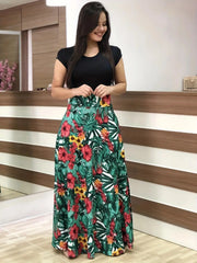 Retro Elegant Commuter Style Polka Dot High Waist  Flower Print Color Matching Short Sleeved Dress