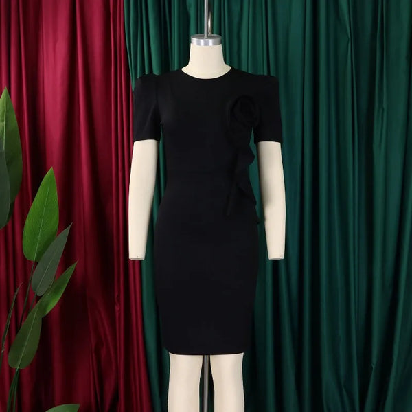 Casual Basic Women's Ruffled 3D Flower Short Sleeve Bodycon Mid Pencil Dress Elegant