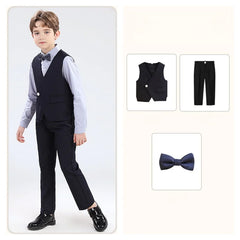 90-170 Teenager Kids Spring Beige 4Pieces/s Jacket Vest Pants Bowtie Wedding Dress Boys Photography Suit Children Host Costume
