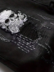 Men's Black Distressed Jeans Skull Patch & Embroidery Letter Print Slim Fit Stretch Denim Pants Street Fashion Biker Trousers